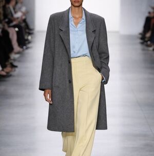 Vintage 80s Bold Shoulder Fit Waist 100% Wool Leather Trim Collar Long Over Coat